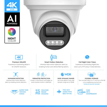 Caméra IP Turret 8MP, vision nocturne pleine couleur,  détection IA