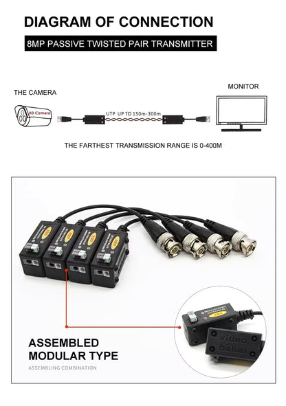 Passive HD video balun transmitter for CCTV surveillance cameras up to 8MP